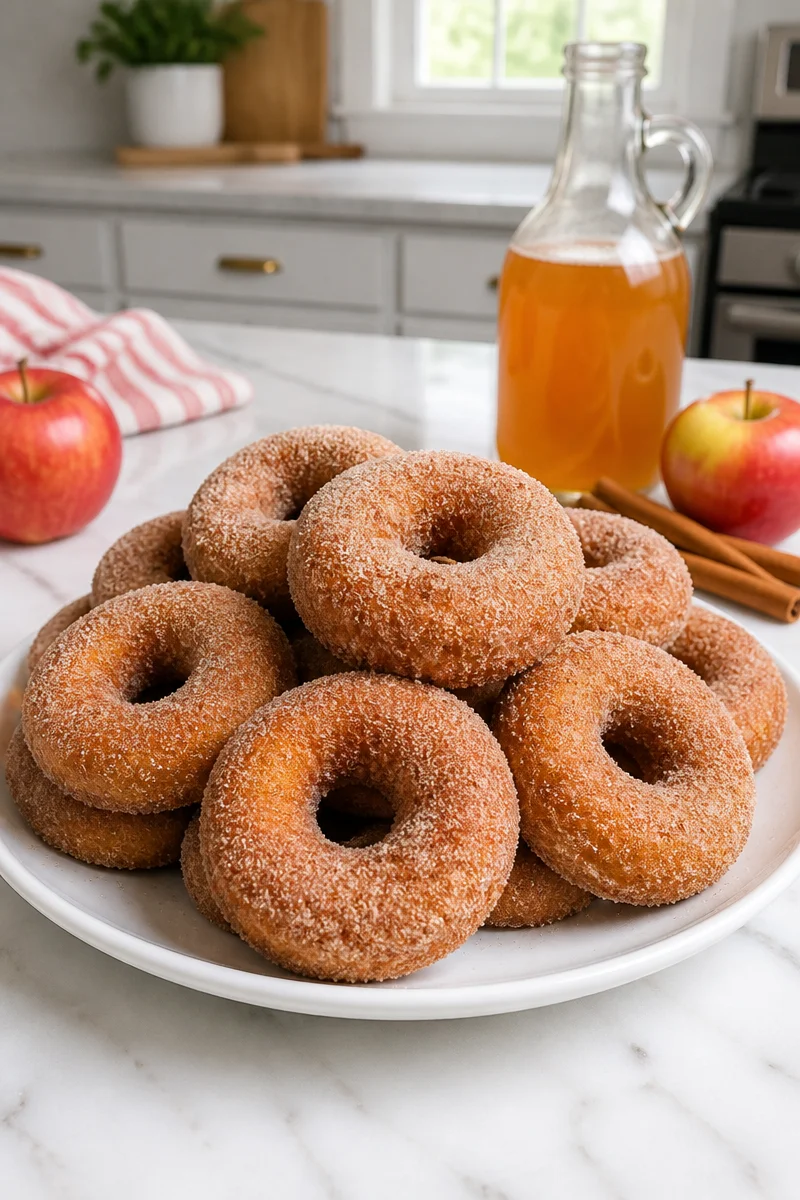 Freshly baked traditional apple cider donuts with cinnamon sugar topping