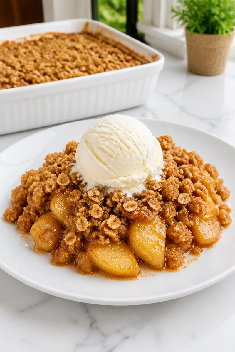 Bowl of traditional apple crisp with oats and cinnamon, fresh out of the oven.