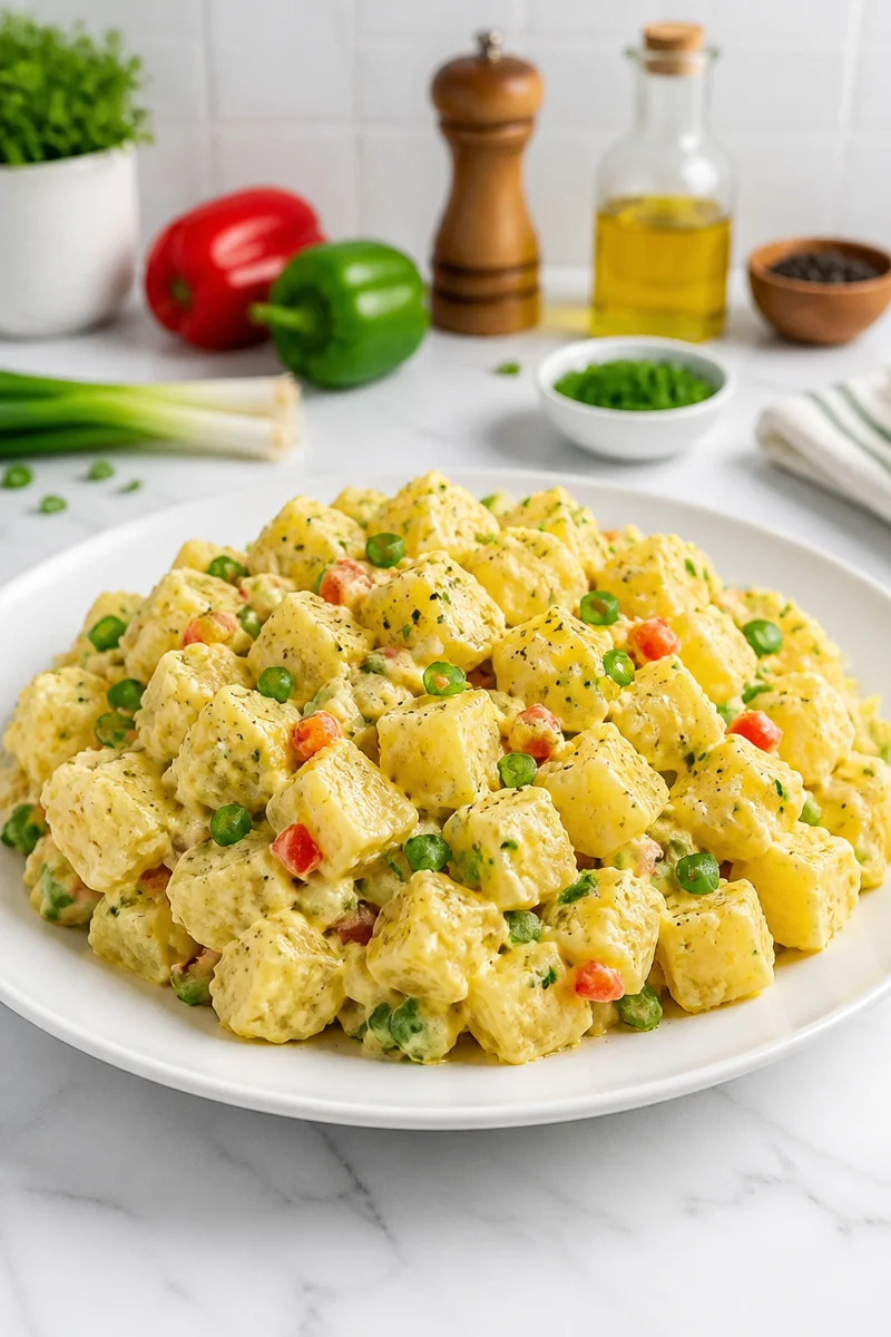 Delicious traditional Jamaican Potato Salad with mustard dressing served in a bowl.
