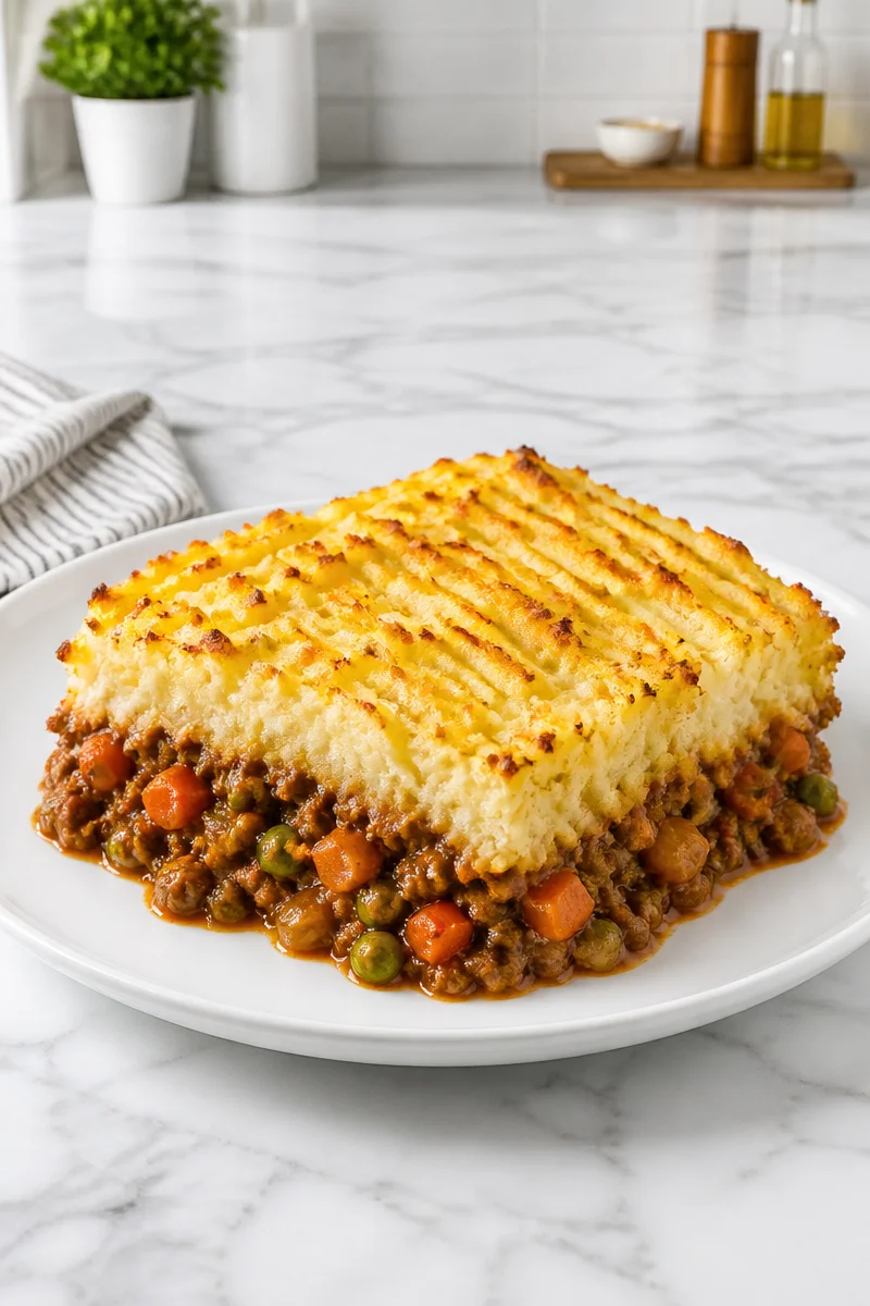 Traditional Shepherd Pie topped with creamy mashed potatoes ready to serve