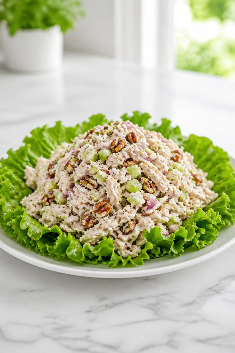Traditional Southern chicken salad with pecans served on a plate