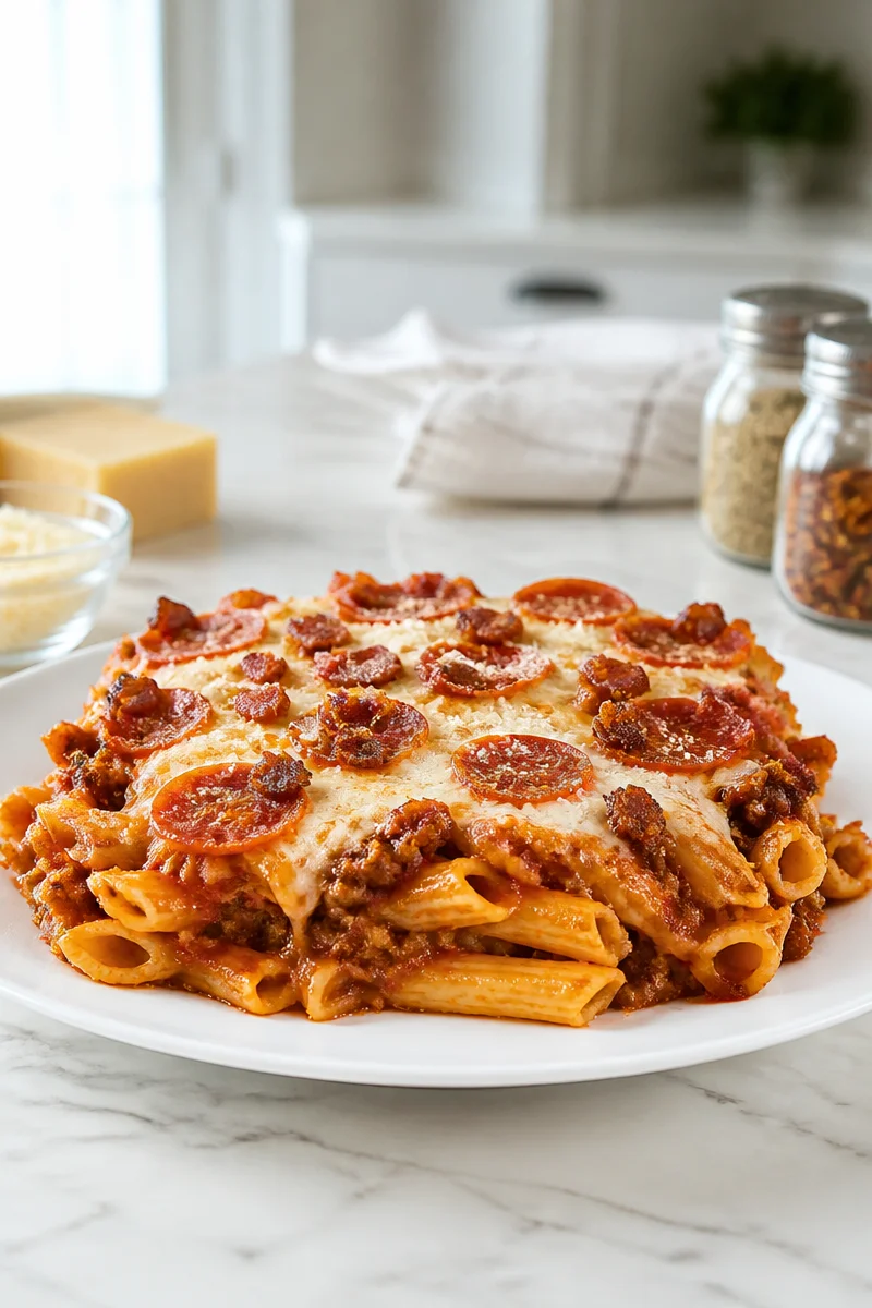 Ultimate Meat Lovers Pizza Casserole with bacon and pepperoni dish