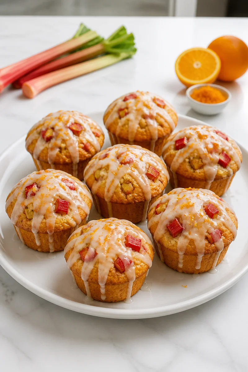 Upside down rhubarb muffins with orange zest glaze on a plate