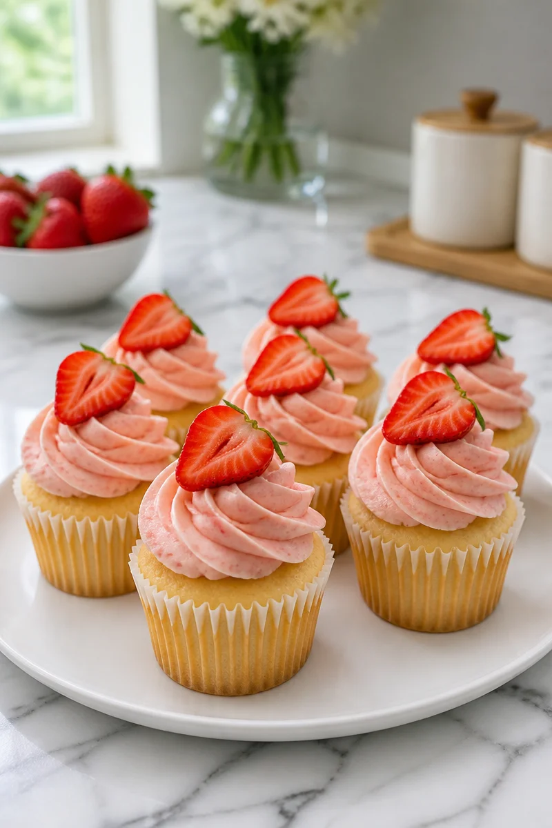 Delicious vanilla cupcake topped with strawberry cream cheese frosting