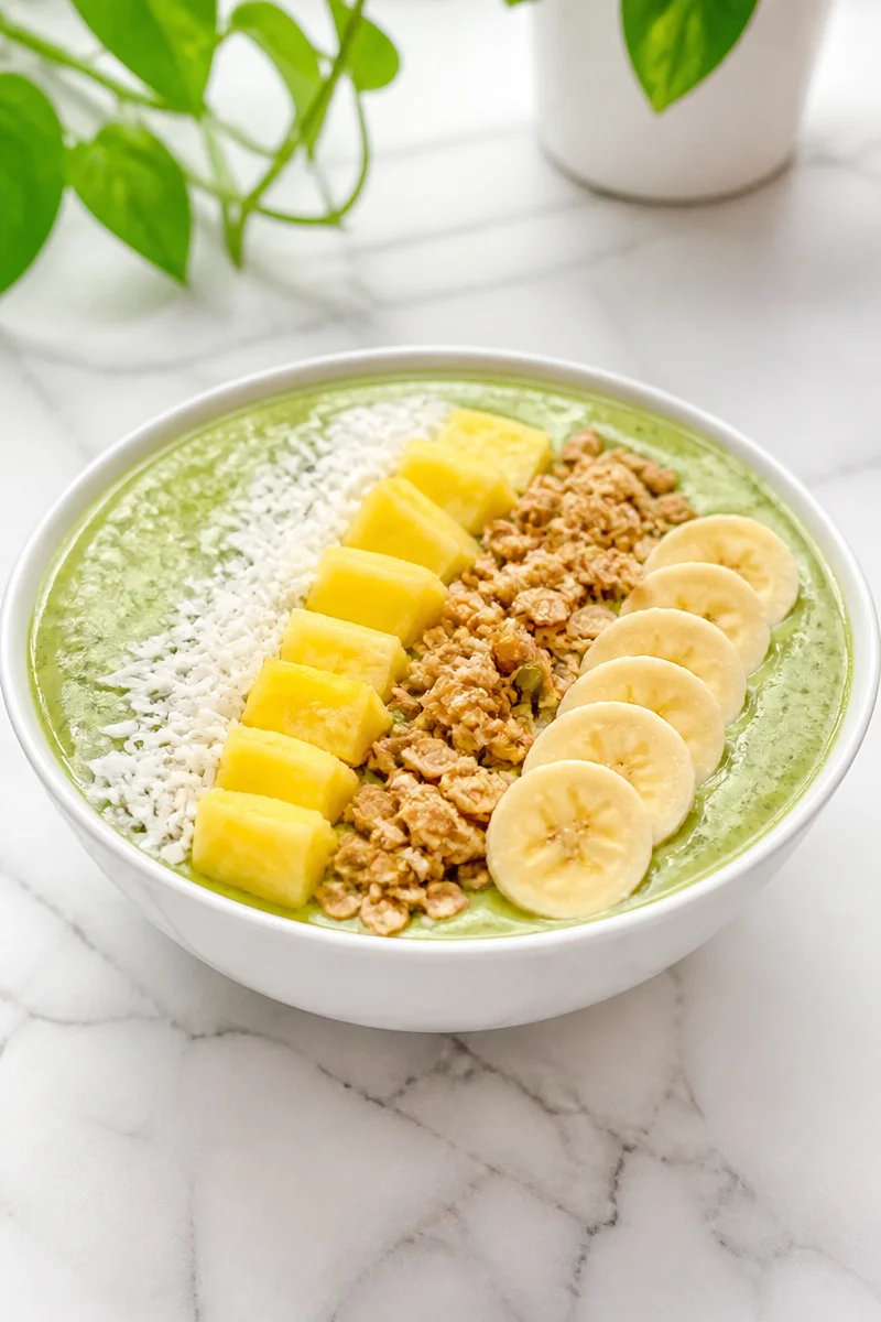 Vegan coconut pineapple smoothie bowl topped with fresh fruits and coconut flakes
