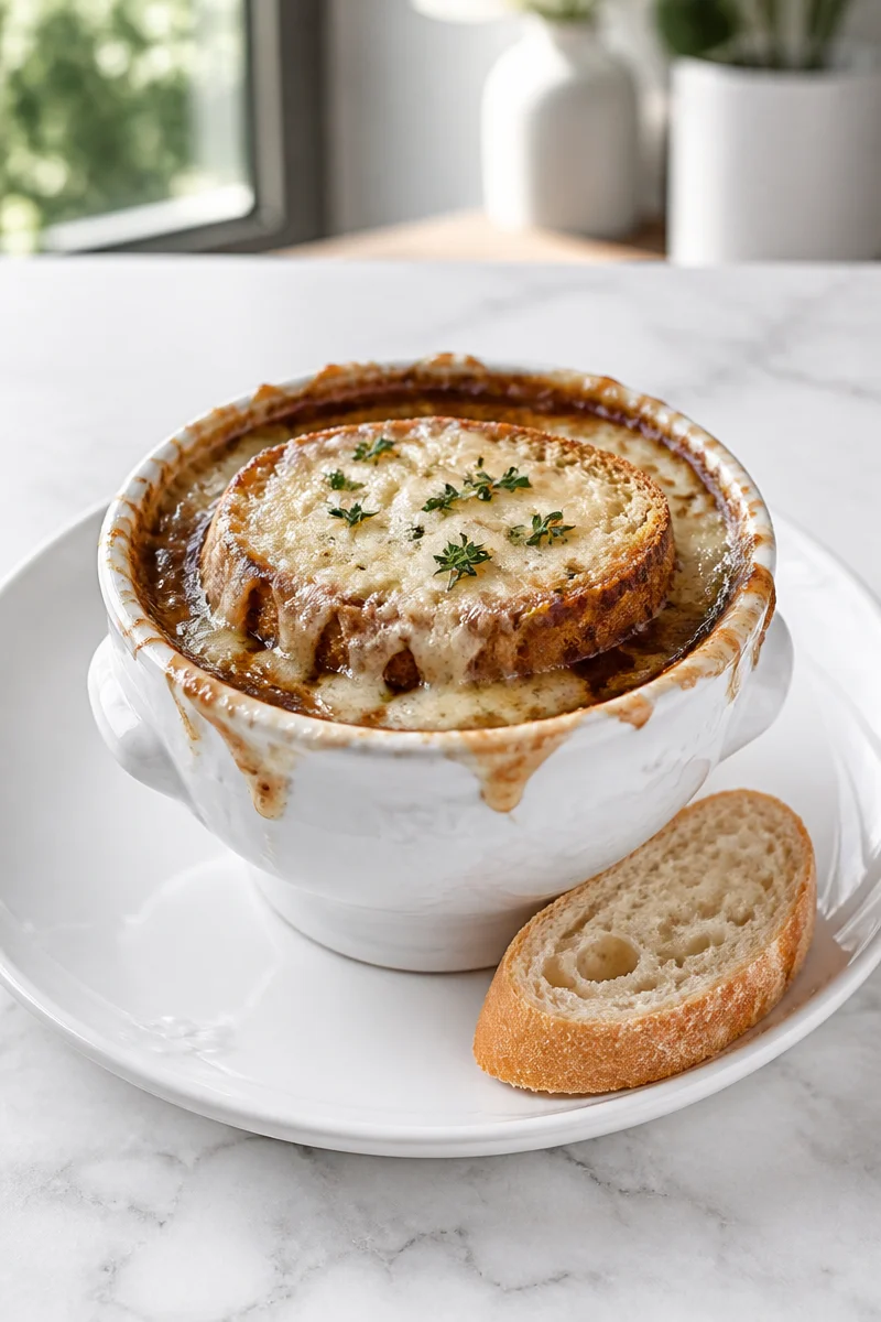 Bowl of Vegetarian French Onion Soup with a slice of baguette on top