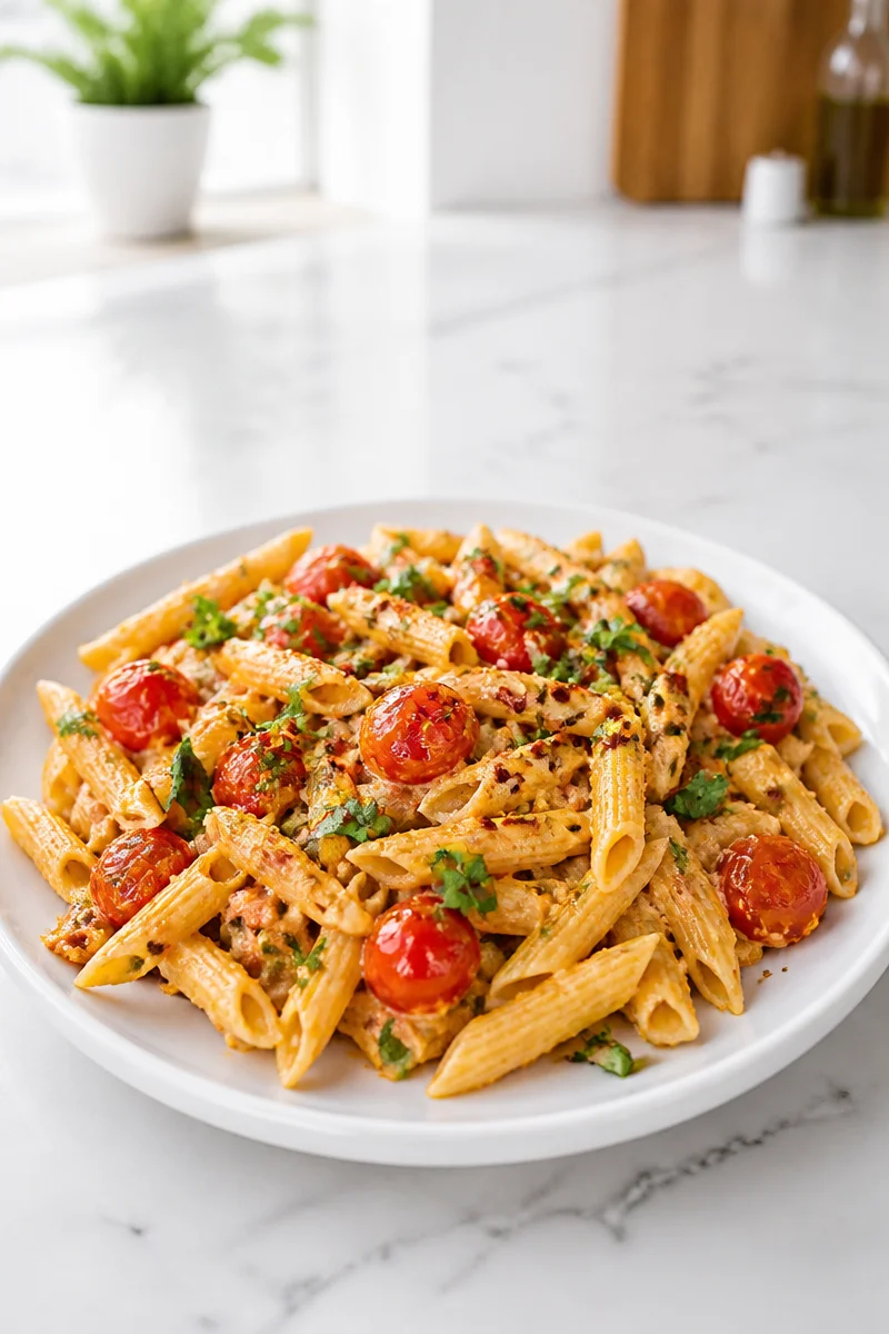 Viral cherry tomato and baked feta pasta dish served in a bowl