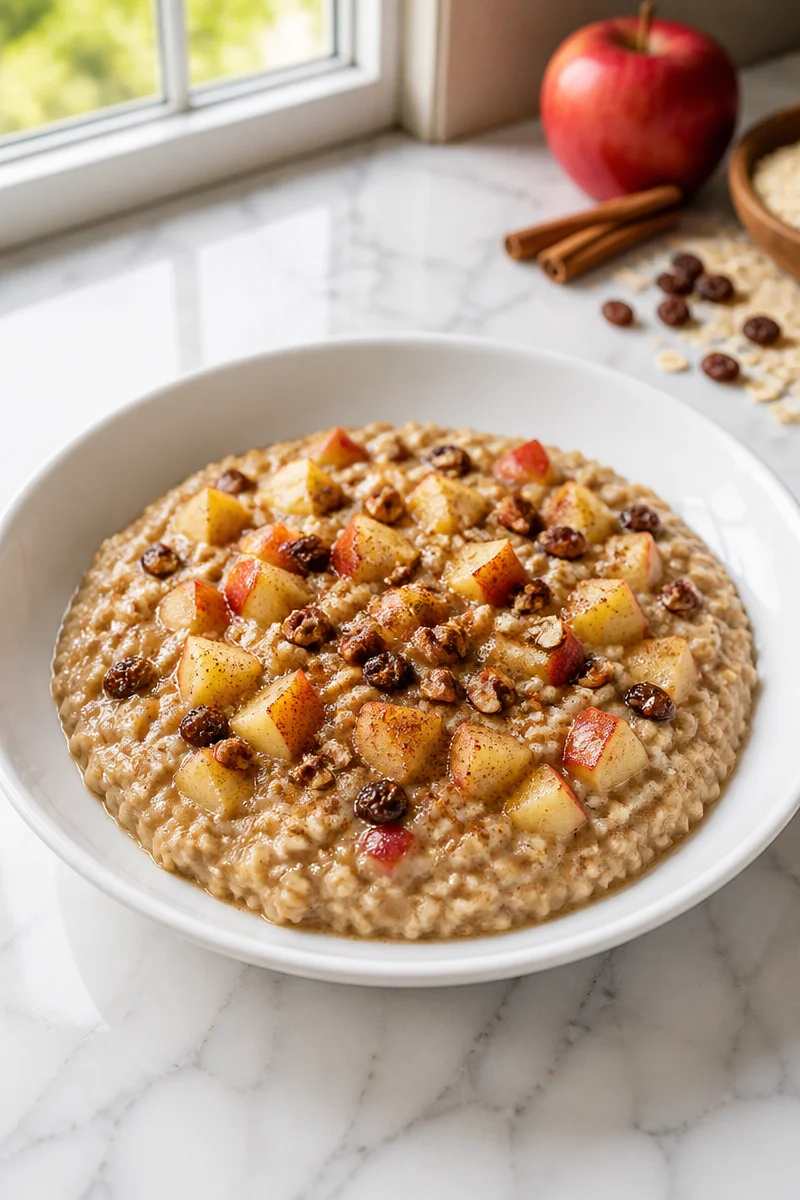 Bowl of warm apple cinnamon oatmeal topped with fresh apples and spices