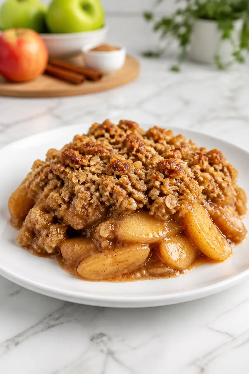 Warm spiced cinnamon and brown sugar apple cobbler dessert served in a dish.