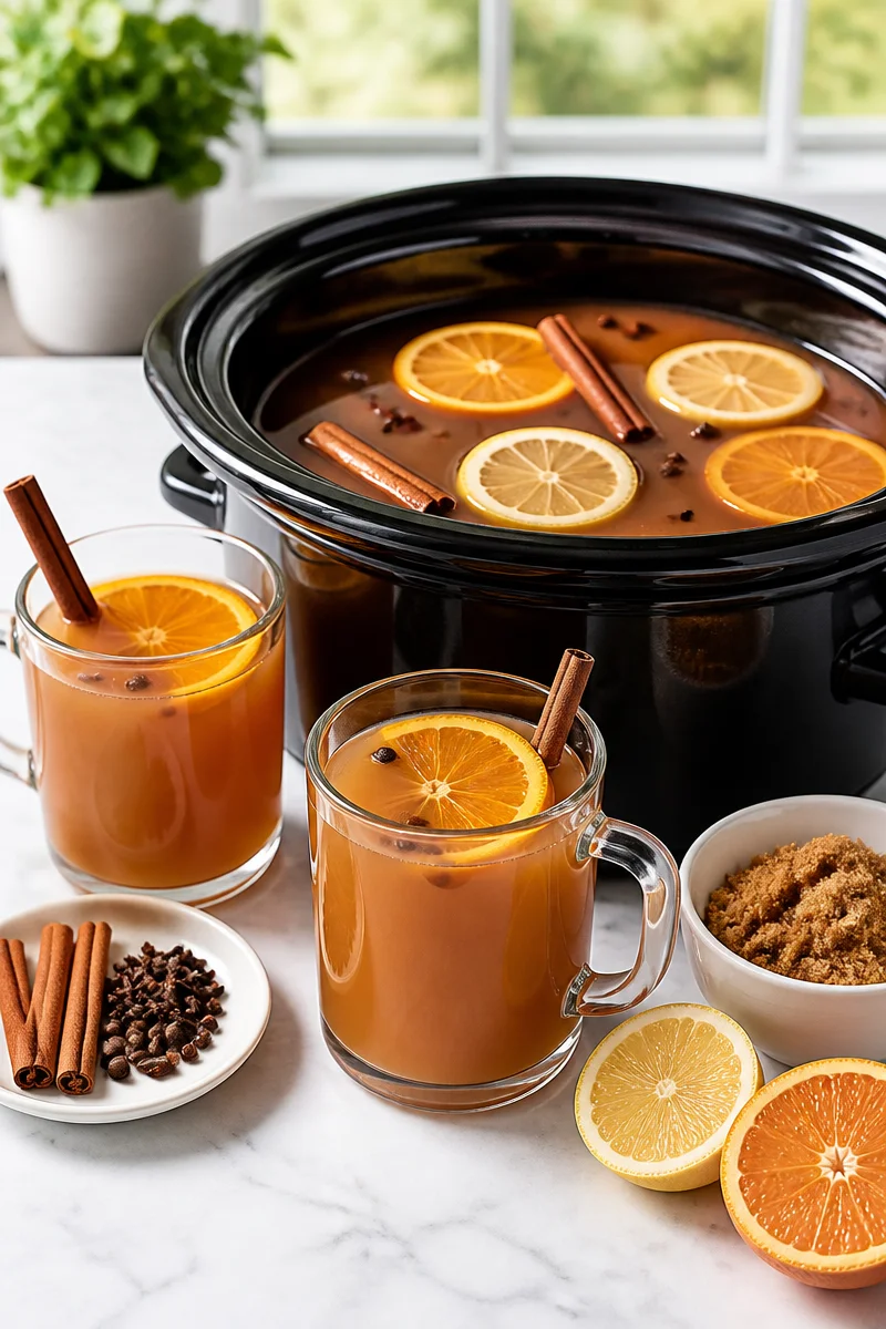 Warm spiced crockpot cinnamon apple cider drink in a cozy setting