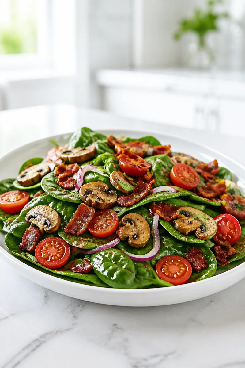 Warm Turkey Bacon and Mushroom Spinach Salad garnished with fresh ingredients