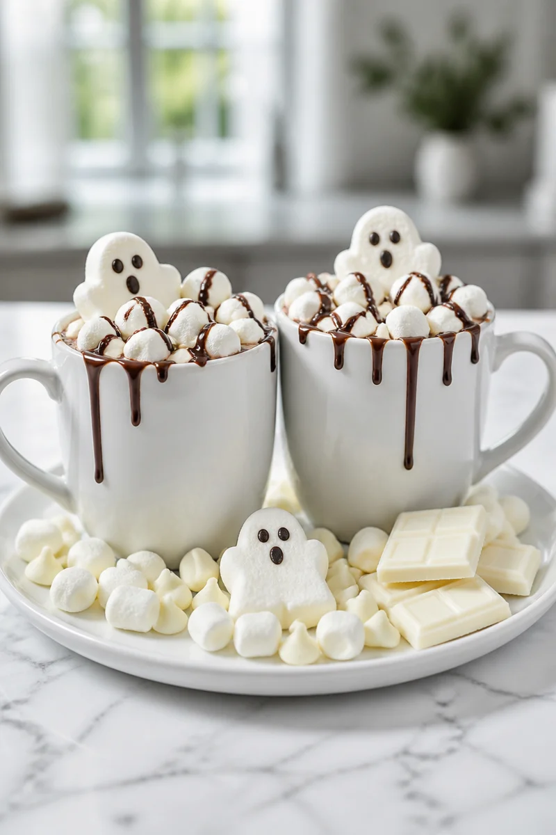 A cup of White Chocolate Ghost Hot Cocoa topped with marshmallows and spooky decorations.