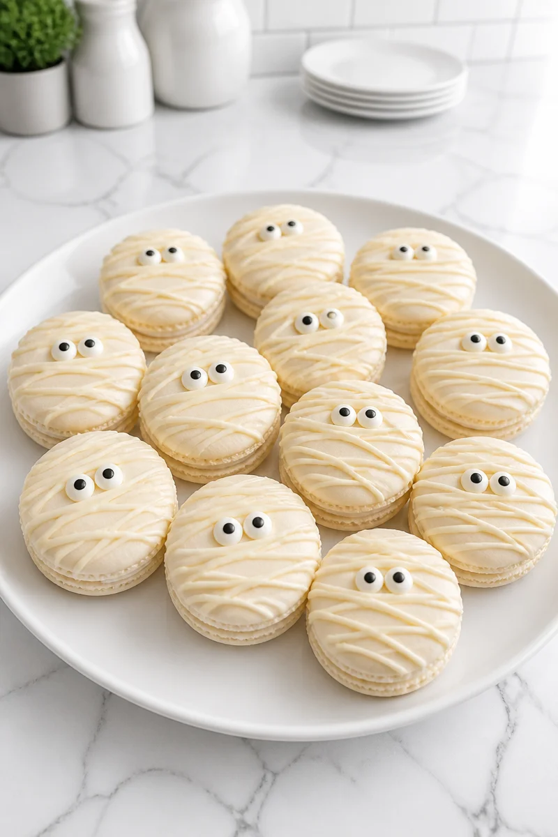 White Chocolate Mummy French Macaron decorated for Halloween