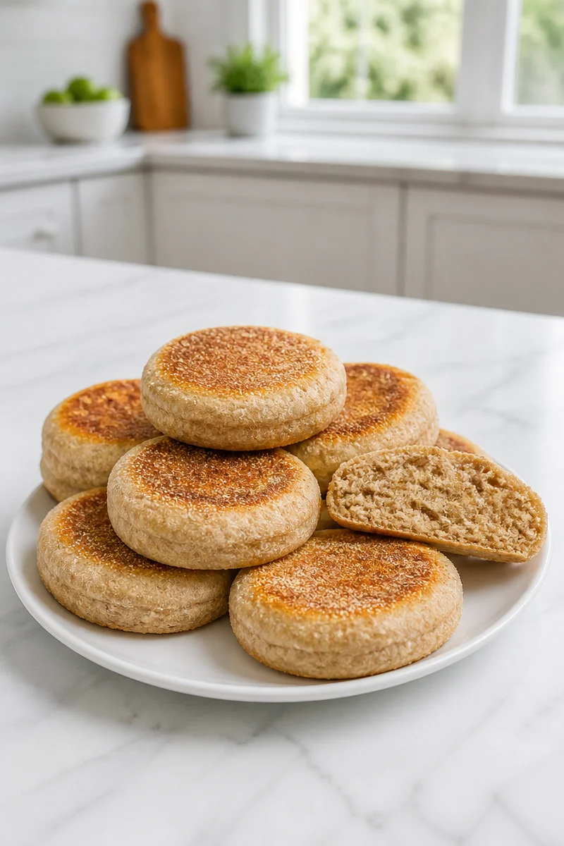 Homemade whole wheat English muffins stacked on a wooden table