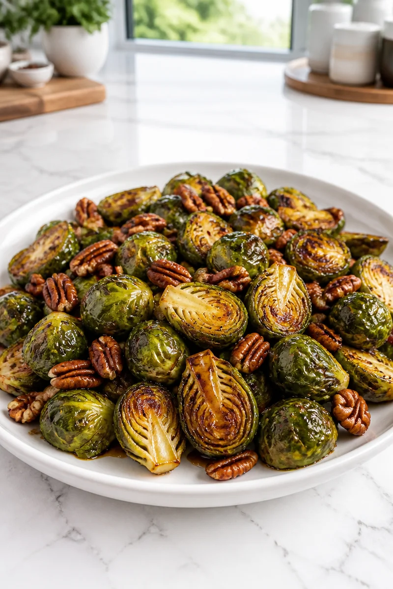 Crispy Air Fryer Brussels Sprouts drizzled with balsamic glaze
