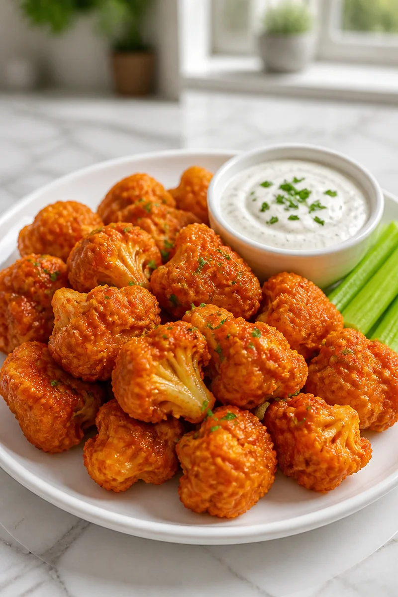 Air Fryer Buffalo Cauliflower wings served with dipping sauce