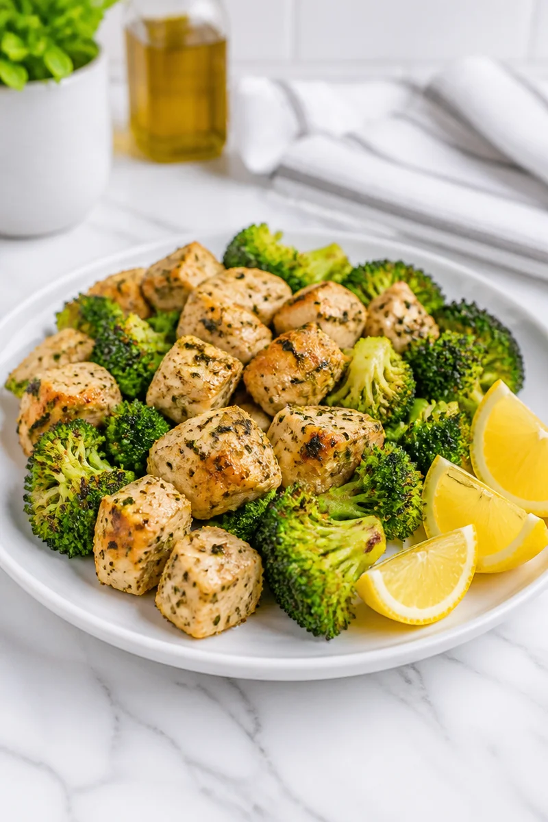 Air fryer chicken and broccoli gluten-free meal served in a bowl.