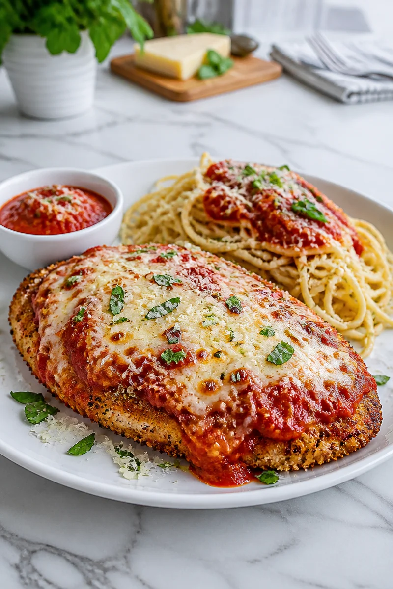 Crispy Air Fryer Chicken Parmesan Cutlet served with marinara sauce