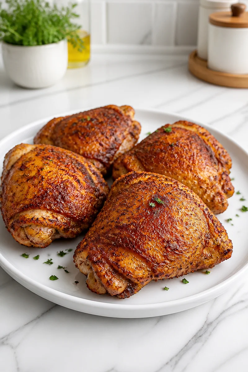 Air fryer crispy high protein thigh recipe with golden, crunchy skin