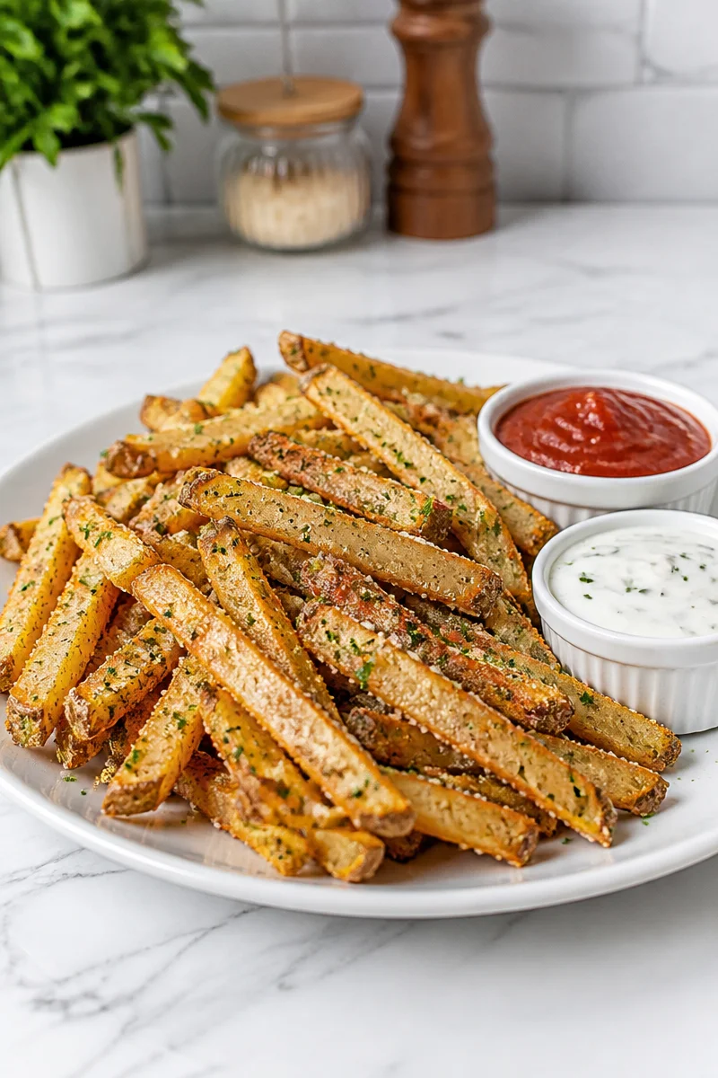 Air Fryer Garlic Parmesan Fries cooked to perfection with savory seasoning