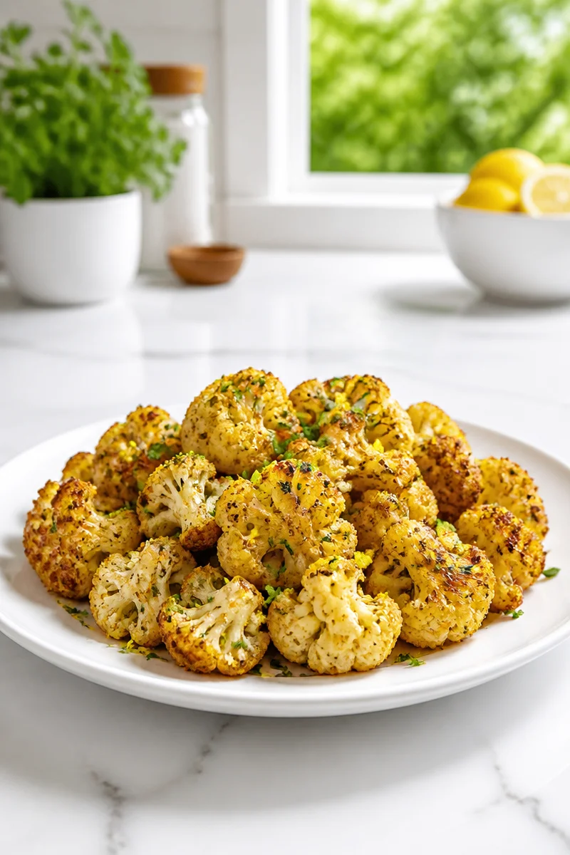 Air fryer roasted cauliflower with garlic and herbs served on a plate
