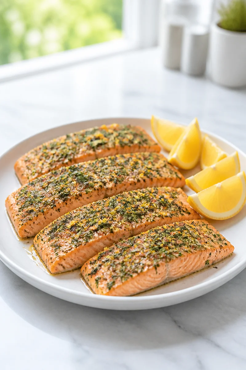 Air fryer salmon with lemon dill crust served on a plate
