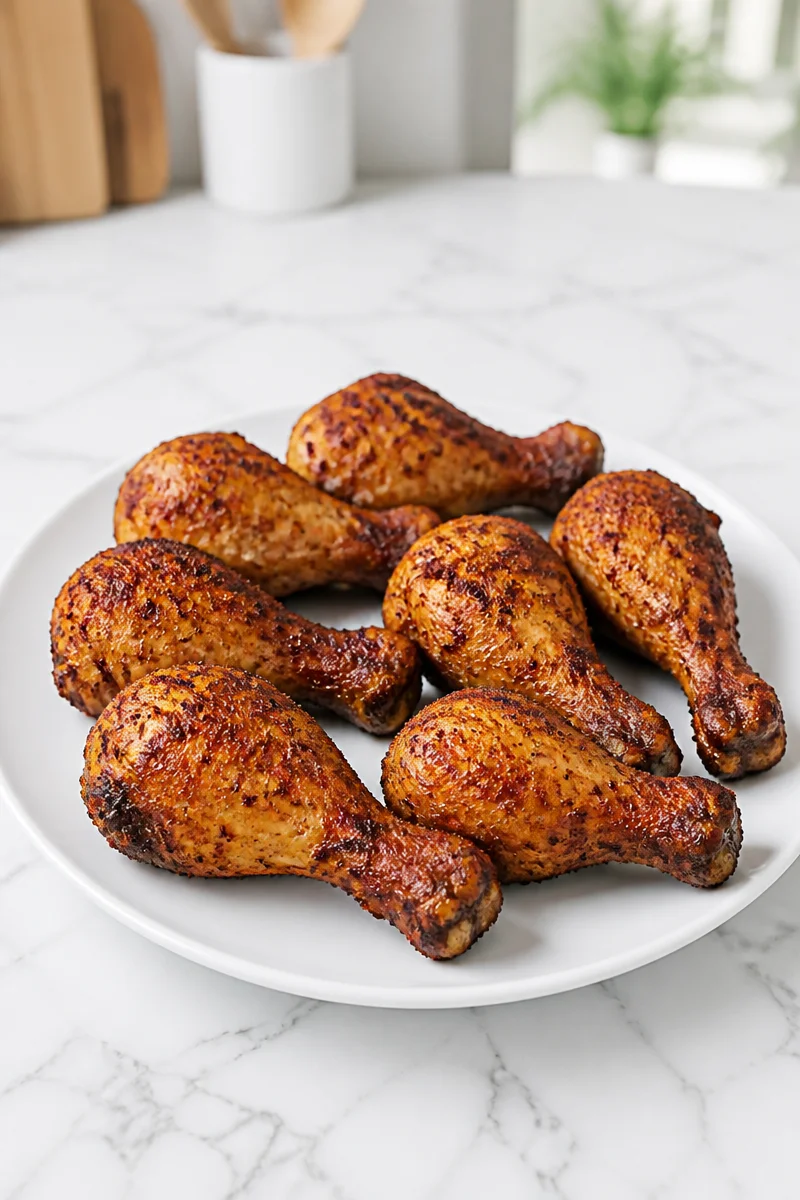 Air fryer seasoned chicken drumsticks ready to serve on a plate.