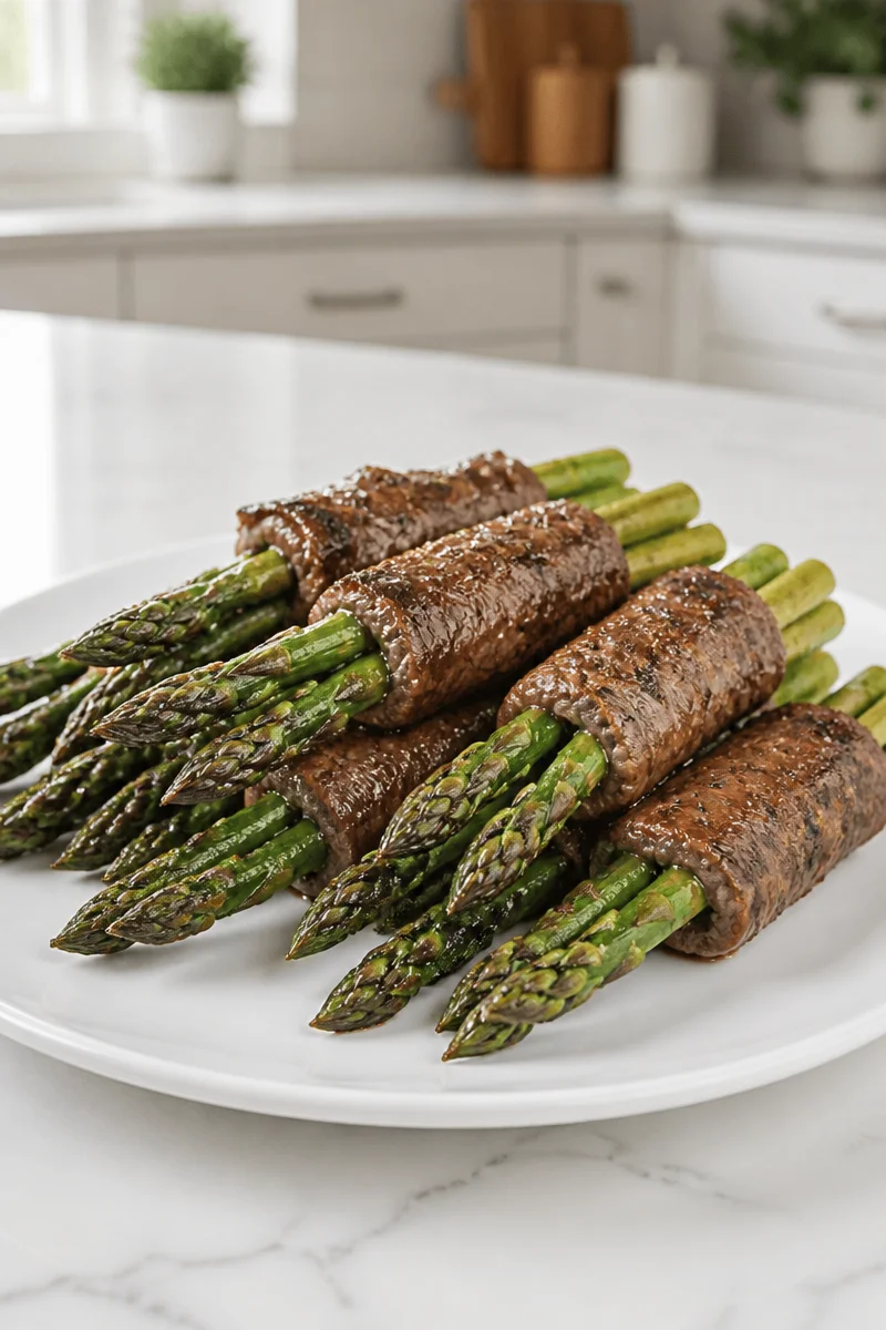 Air Fryer steak wrapped around fresh asparagus spears for a gourmet dish.