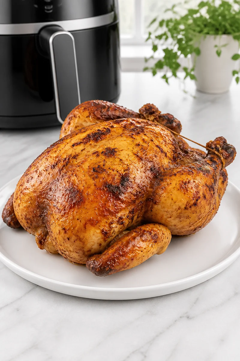 Air fryer whole chicken cooked rotisserie style, golden brown and juicy