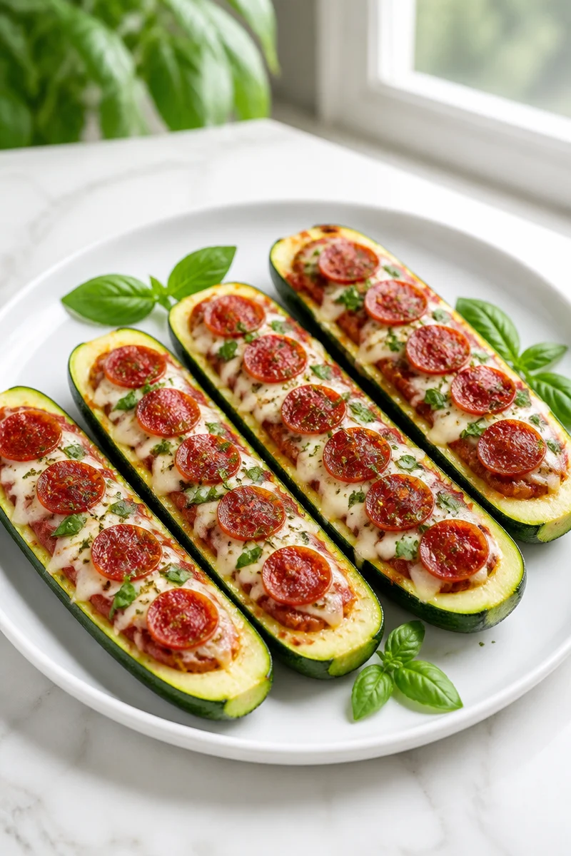 Air Fryer Zucchini Pizza Boat topped with cheese and veggies