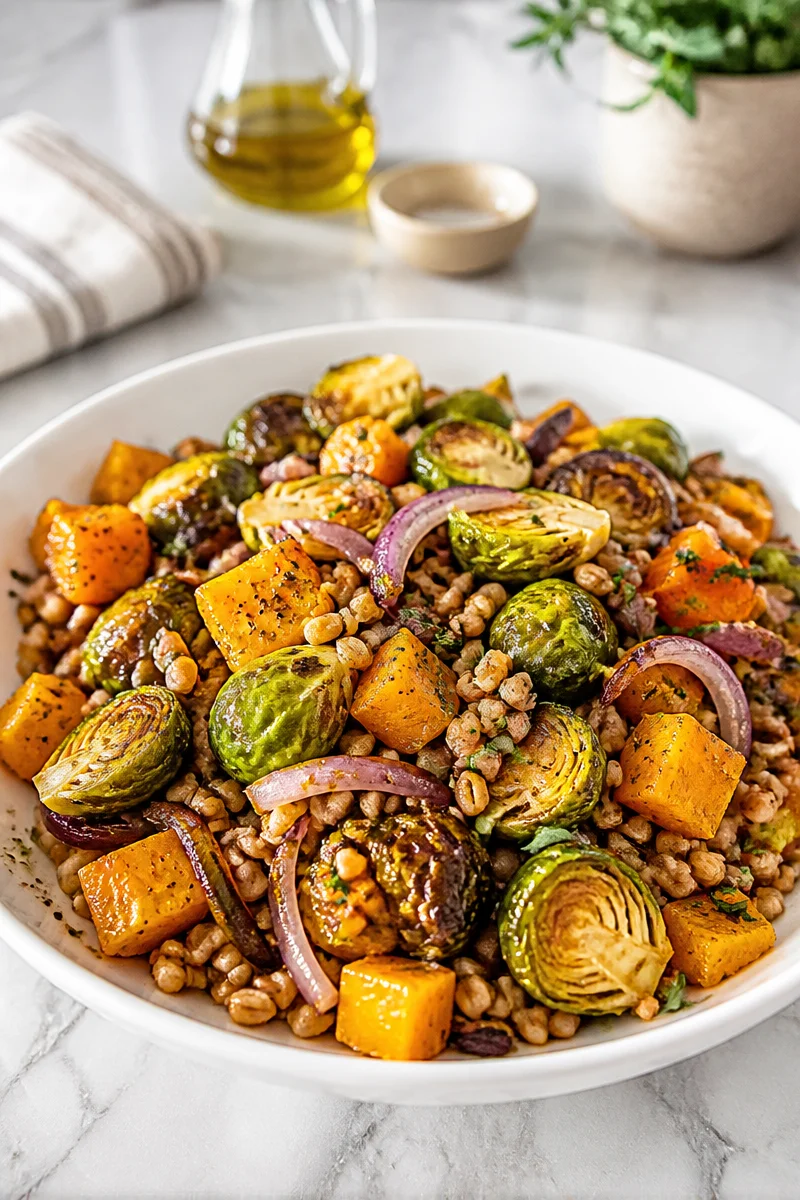 Apple Cider Vinaigrette Roasted Vegetable Bowl garnished with fresh herbs