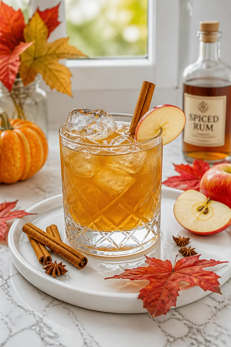 Autumn Spiced Rum Apple Cocktail garnished with apple slices and cinnamon sticks