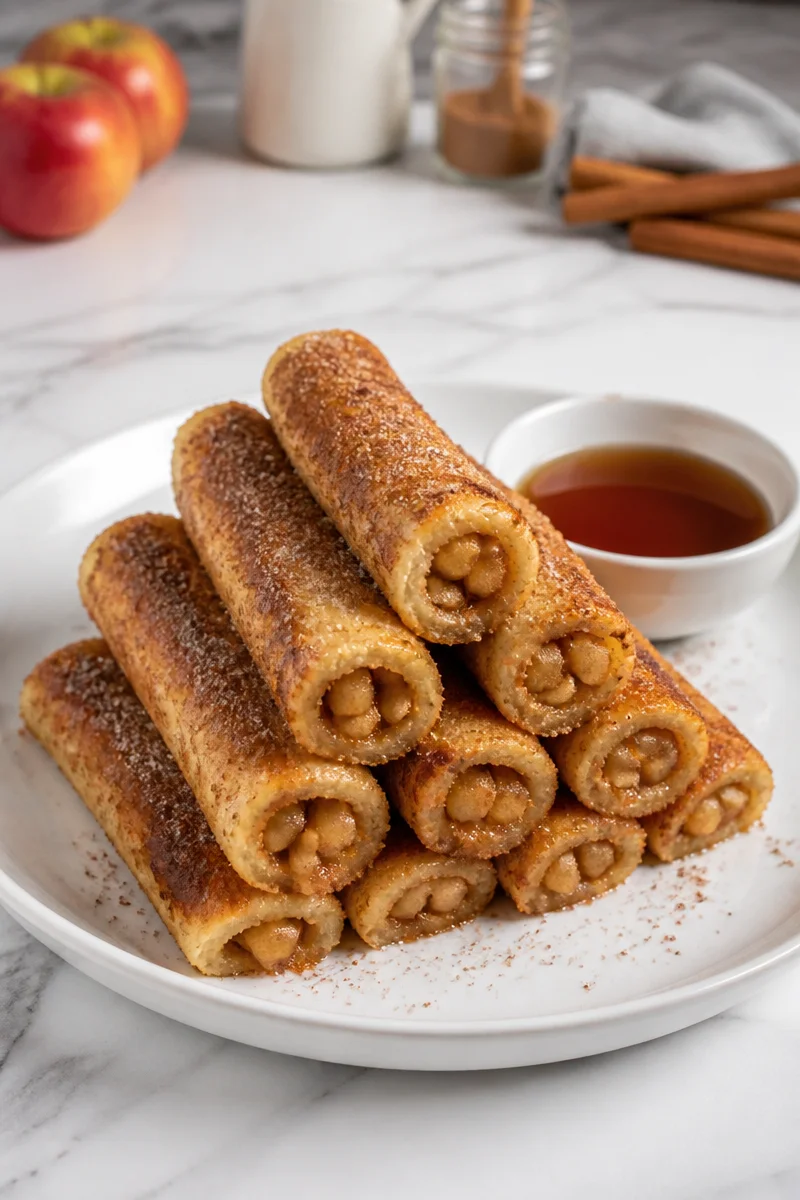 Baked apple cinnamon French toast roll served with syrup and fresh apples.