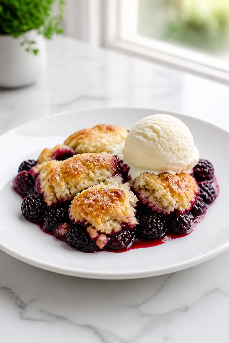 Baked blackberry cobbler topped with buttermilk biscuits on a rustic table.