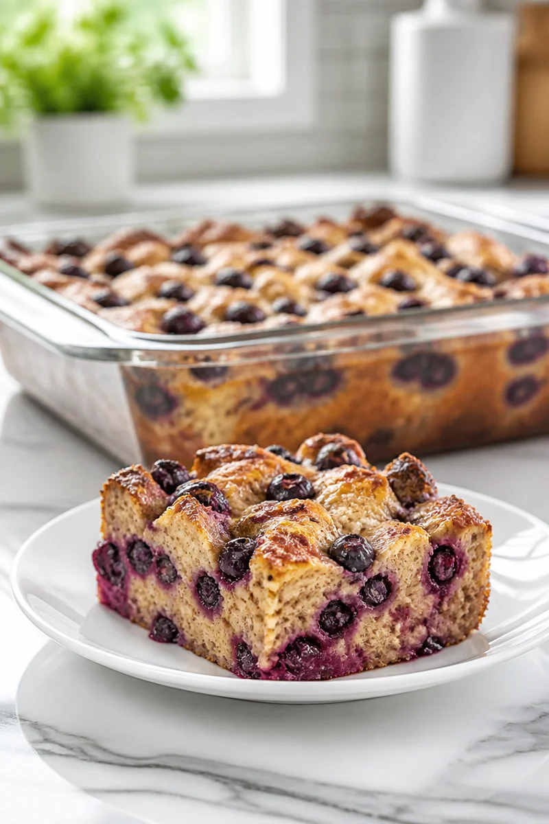 Baked blueberry stuffed French toast casserole topped with fresh blueberries.