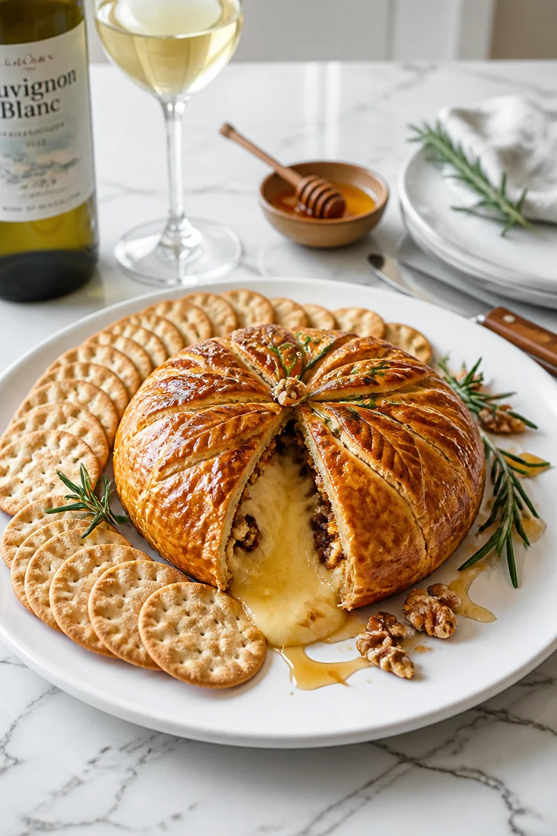 Baked Brie in puff pastry served with a glass of Sauvignon Blanc