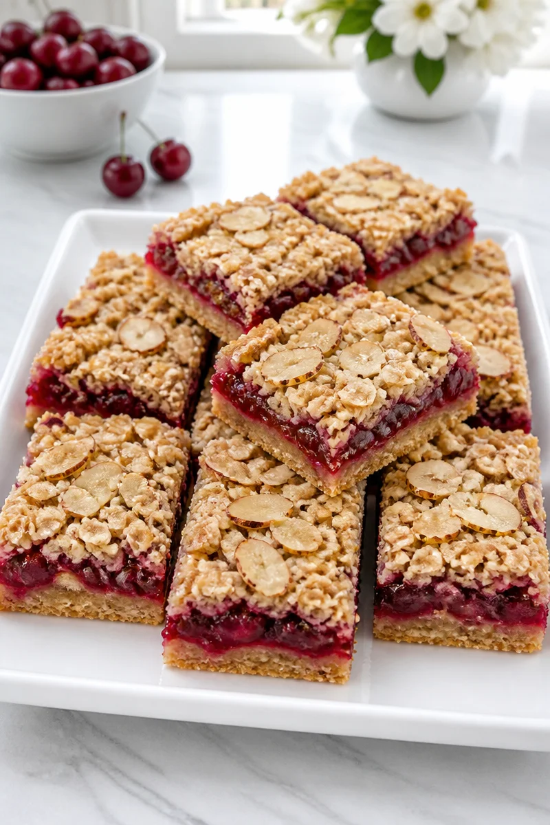 Baked Cherry Almond Crumble Bar topped with almonds and cherries