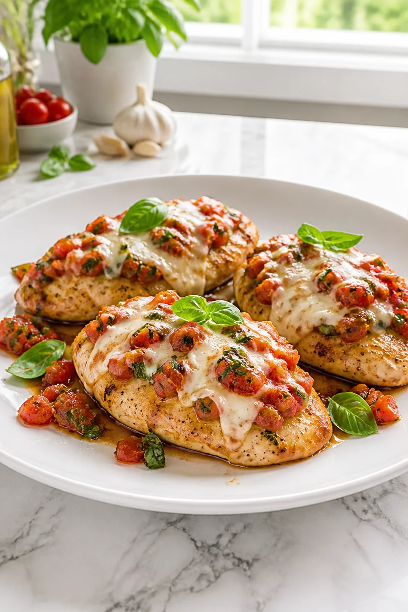 Baked Chicken Bruschetta with melted mozzarella cheese on a plate