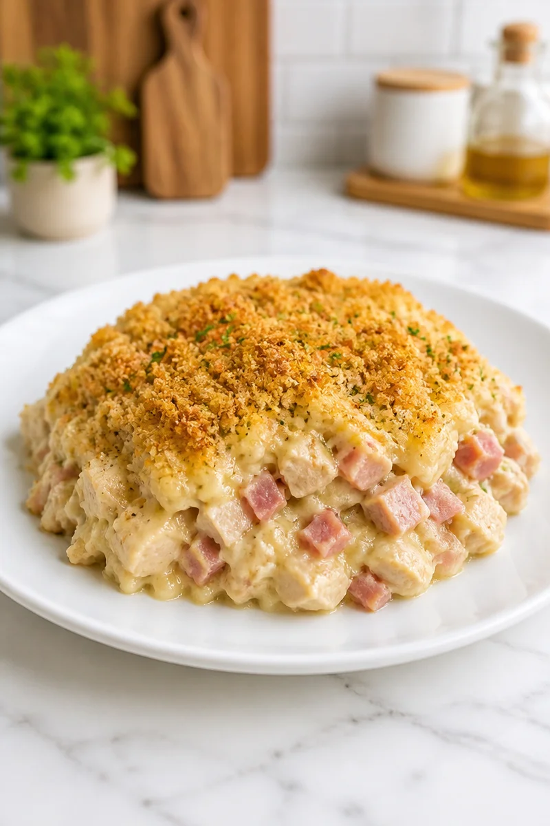 Baked chicken cordon bleu casserole with ham and cheese topping