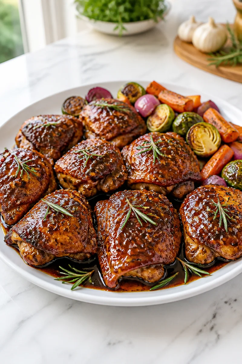 Baked chicken thighs drizzled with balsamic glaze on a serving plate.