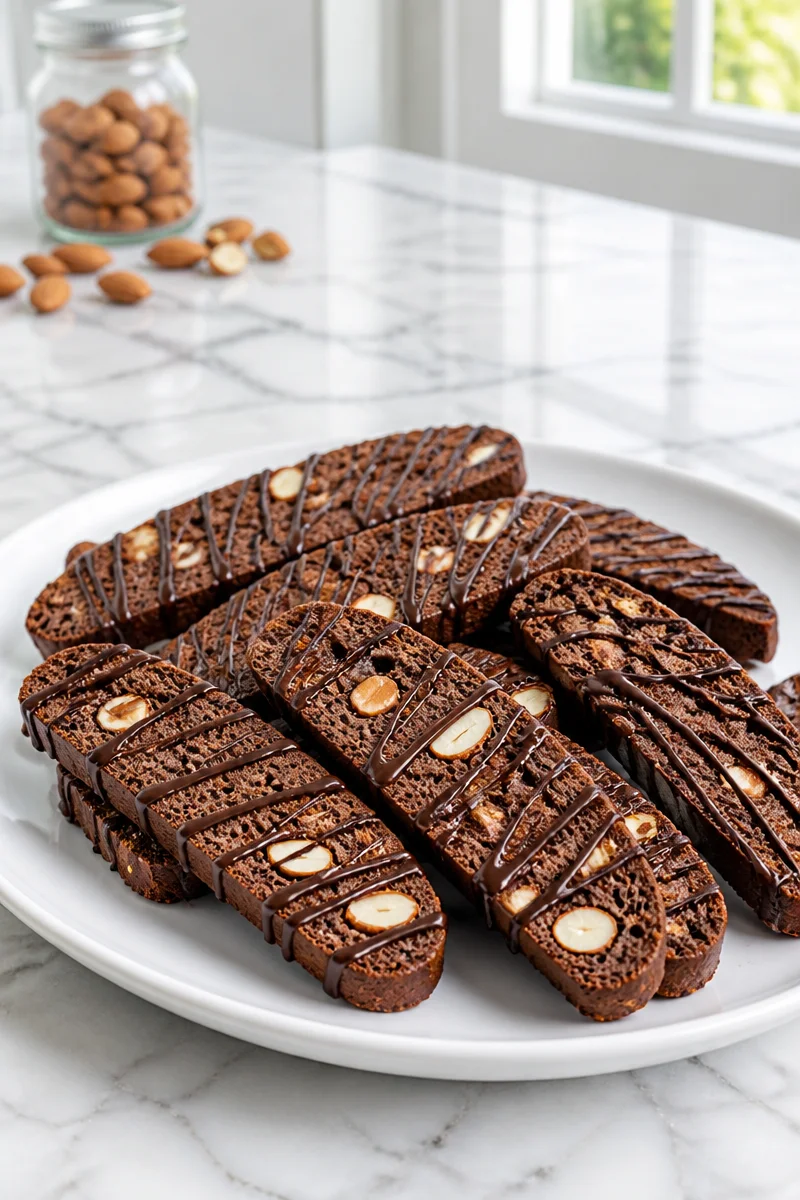 Delicious baked chocolate almond biscotti on a wooden plate