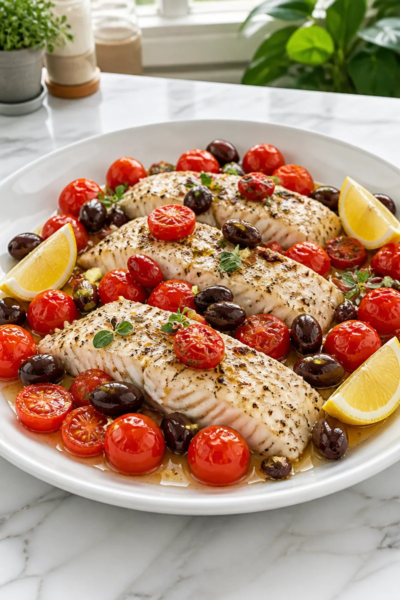 Baked cod with tomato and olive Mediterranean style served on a plate