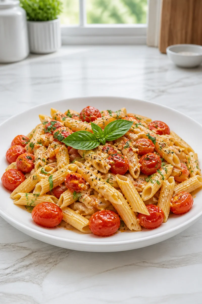 Baked feta pasta with cherry tomatoes drizzled with olive oil