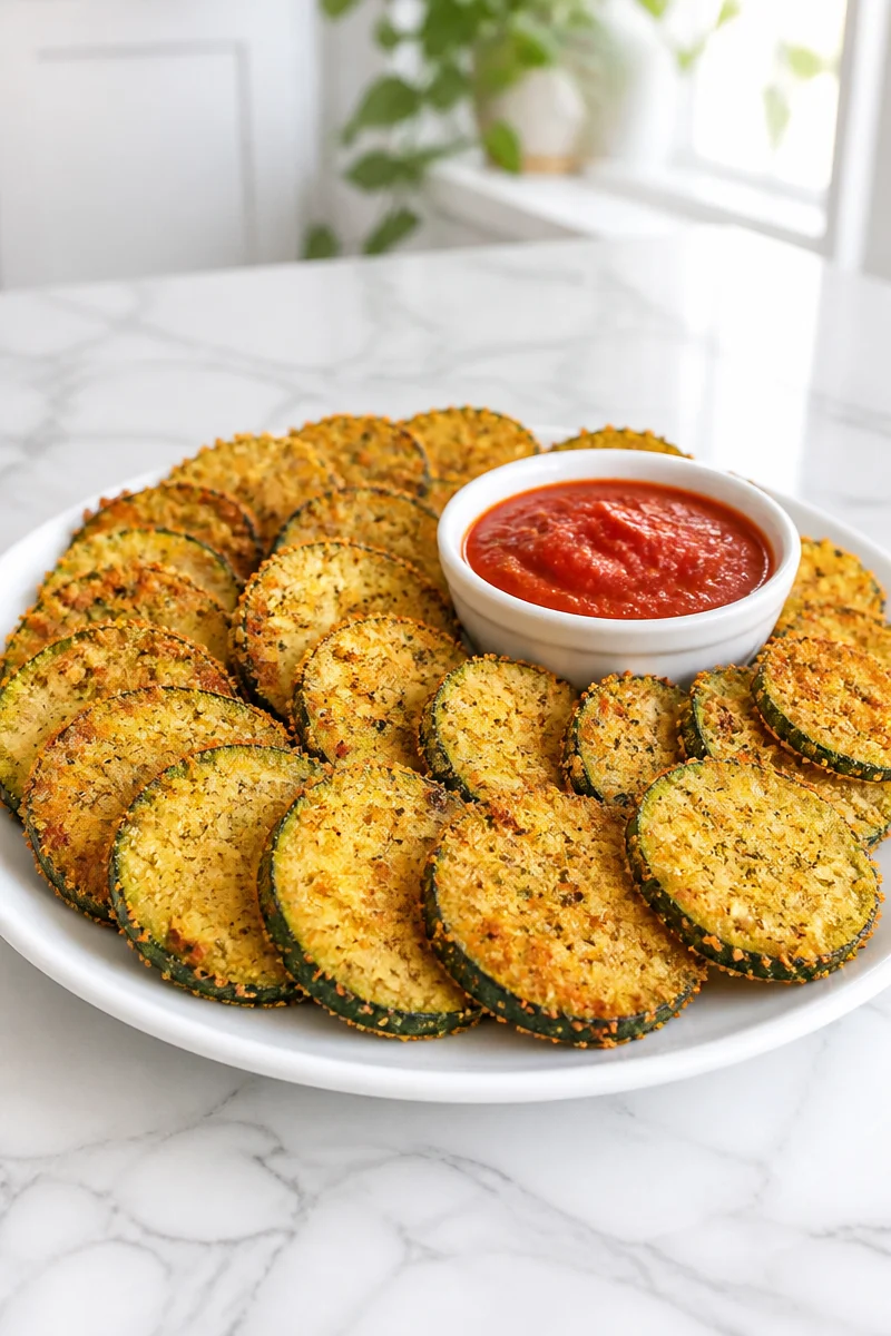 Baked garlic parmesan zucchini chips on a serving plate