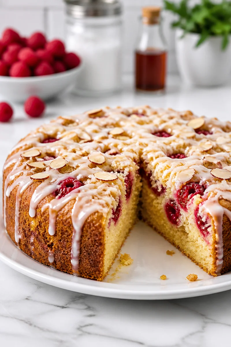 Baked raspberry almond coffee cake with a golden crust and berry topping.