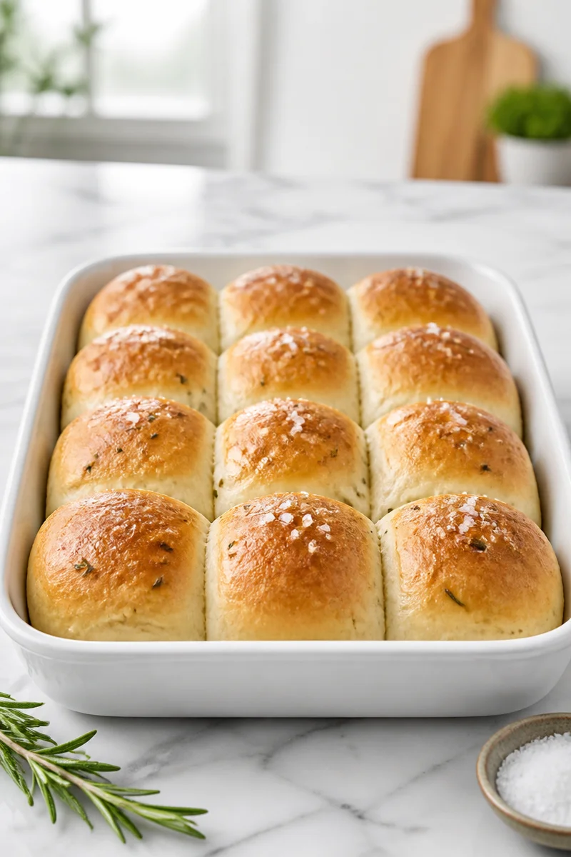 Baked rosemary sea salt dinner roll on a wooden table.