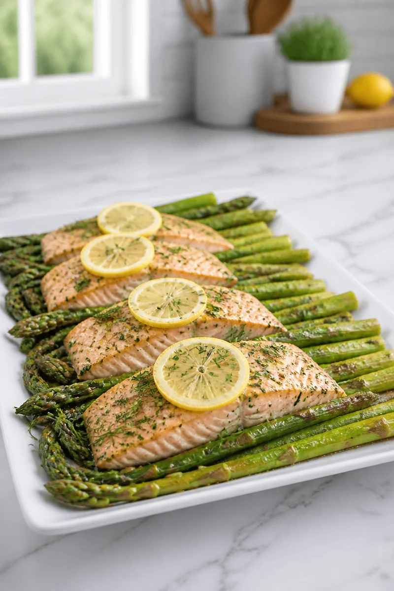 Baked salmon with dill and asparagus on a sheet pan