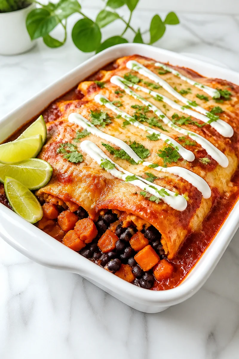 Baked sweet potato black bean enchiladas topped with sauce and herbs