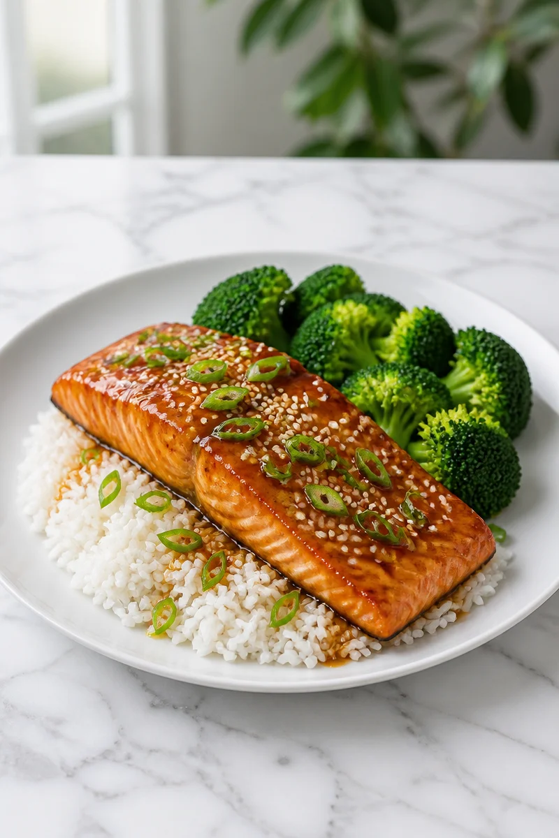Baked teriyaki glazed salmon fillet on a plate with garnish