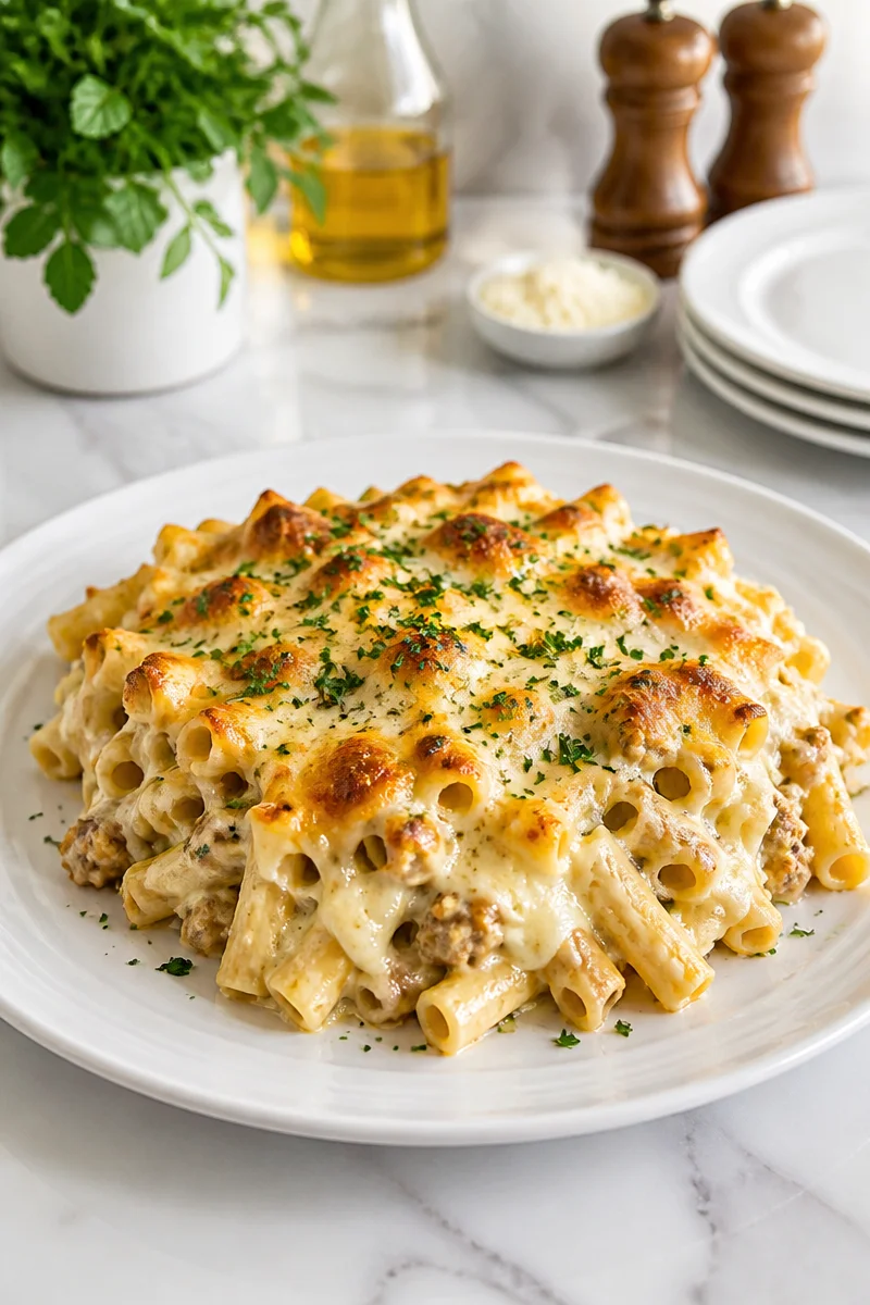 Baked Ziti Alfredo topped with cheese and herbs